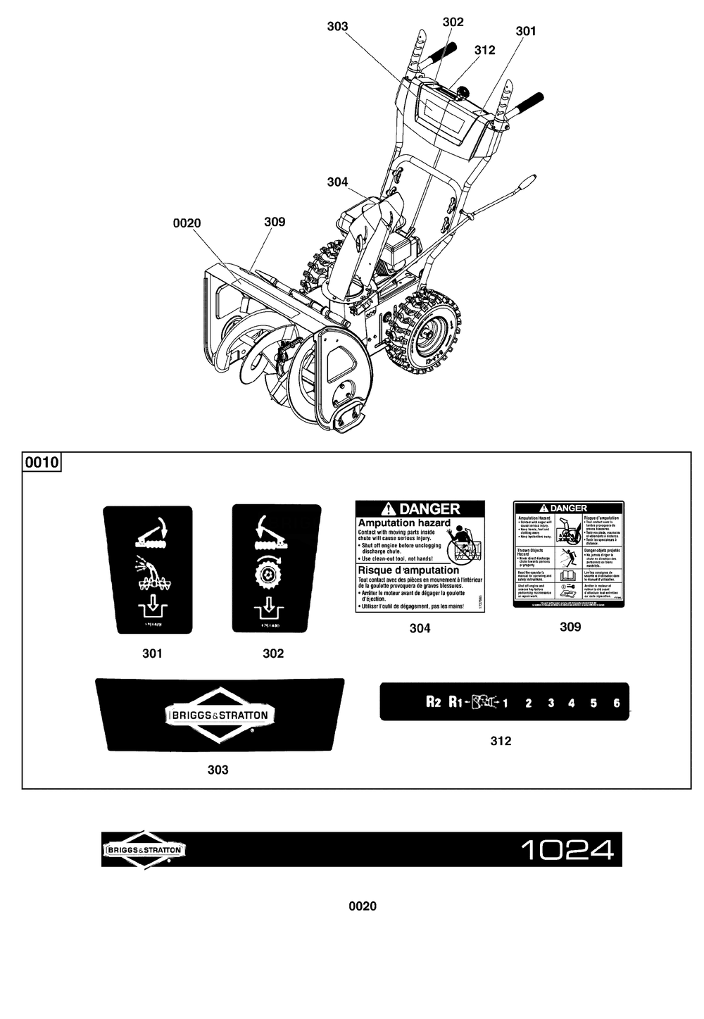 Decals Group Diagram and Parts List for 1696610-03-1024 2019 Briggs and Stratton Snow Blower